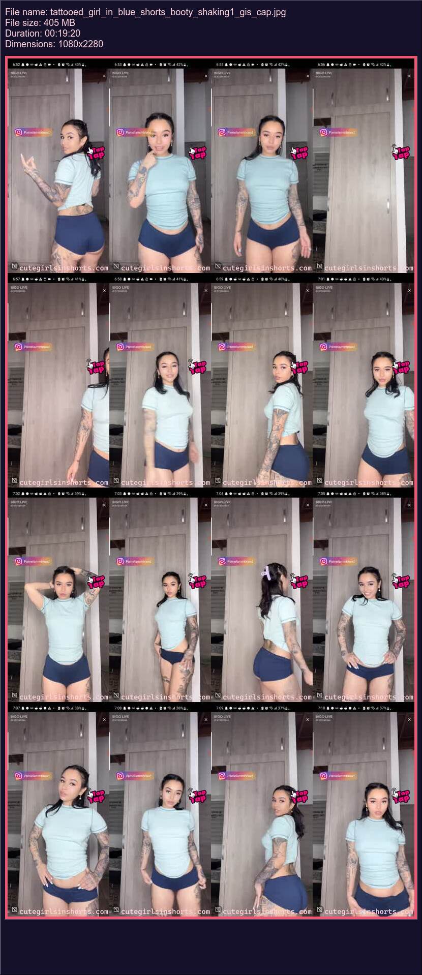 Tattooed Girl In Blue Shorts Booty Shaking 1