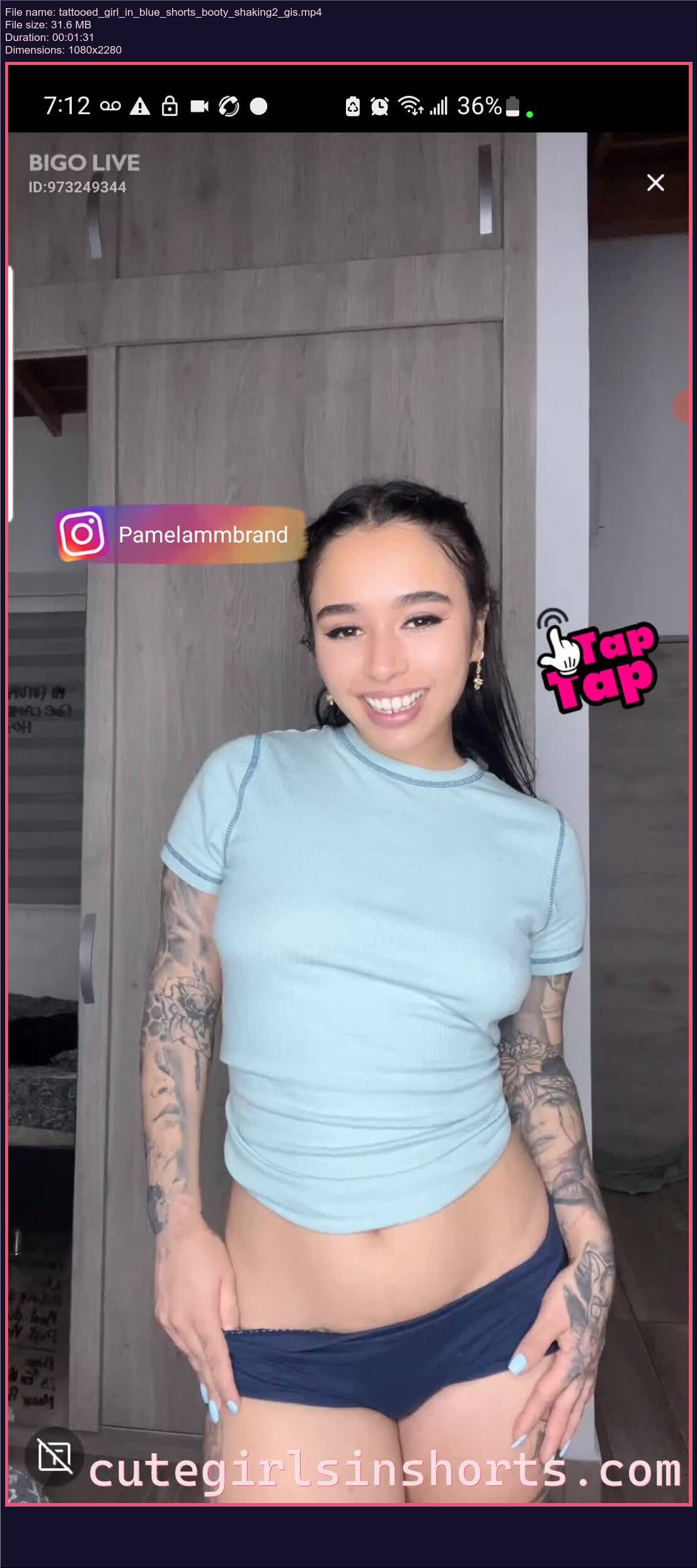 Tattooed Girl In Blue Shorts Booty Shaking 2